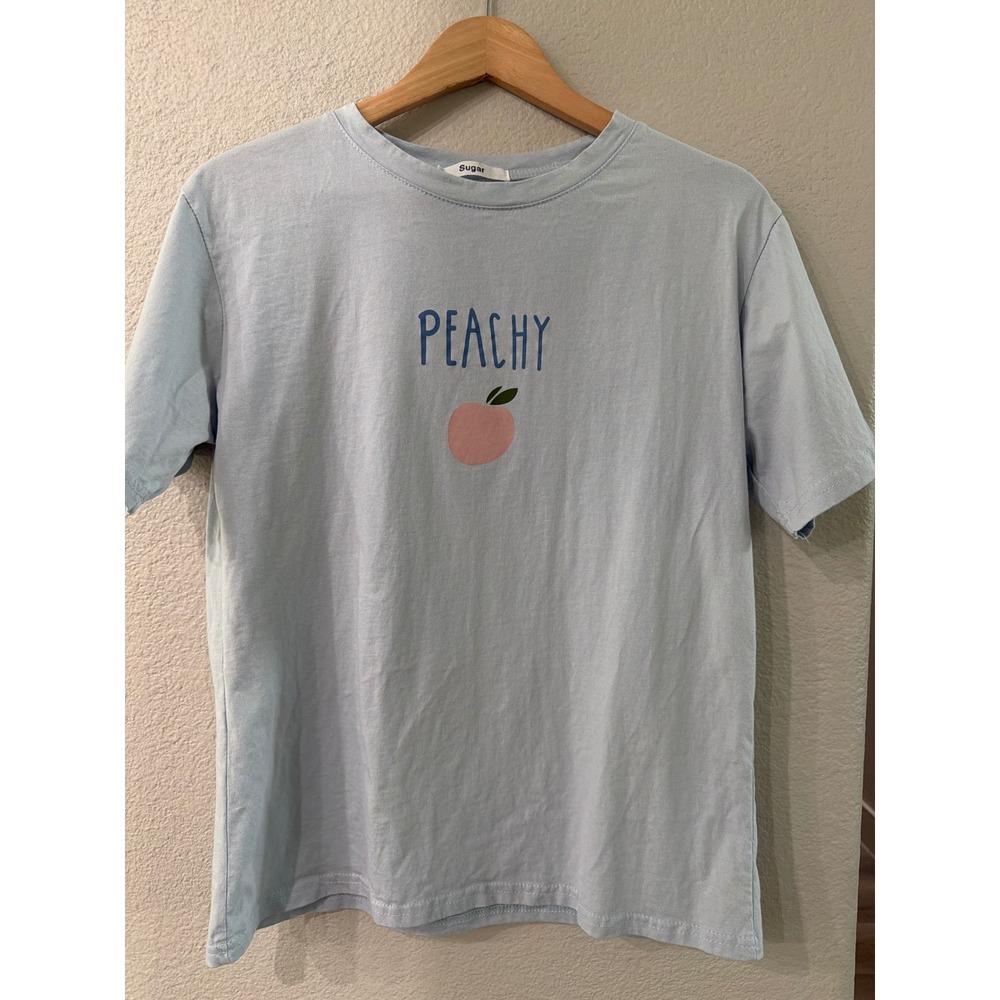 Sugar Peachy Graphic T-Shirt Light Blue Short Sleeve Crewneck Tee Women Small